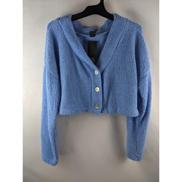 Cropped Cozy Cardigan Wild Fable Azure M Blue Lightweight Fuzzy V Neck Button Up - Picture 1 of 10